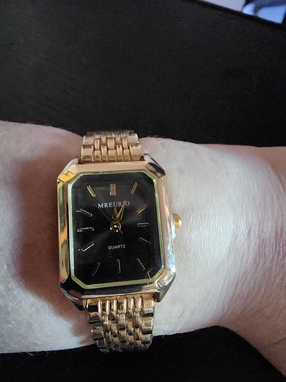MREURIO Gold-Tone Rectangular Black Dial Wristwatch